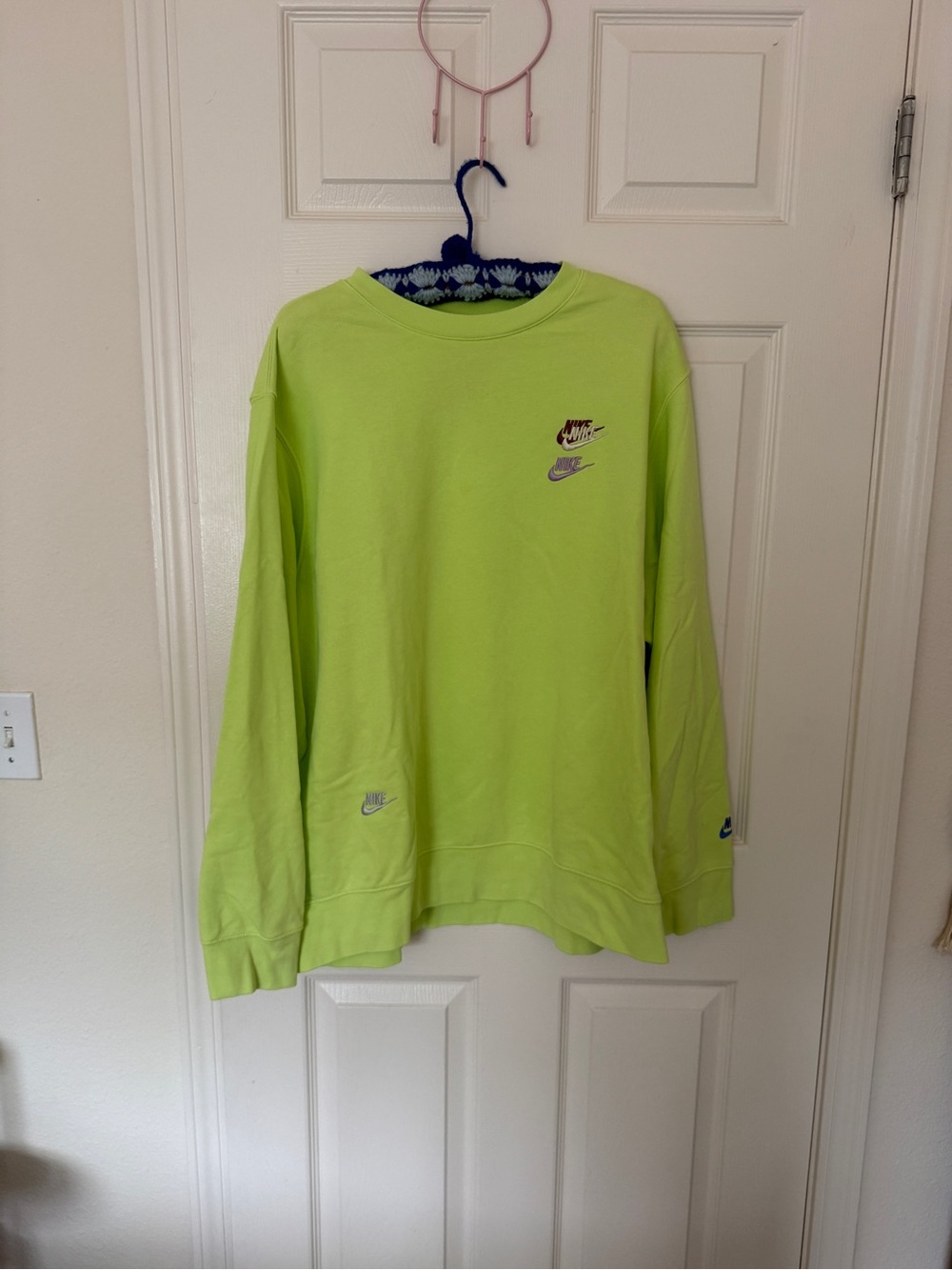 Nike Men's Neon Green Crewneck Sweatshirt with Small Swoosh Logo